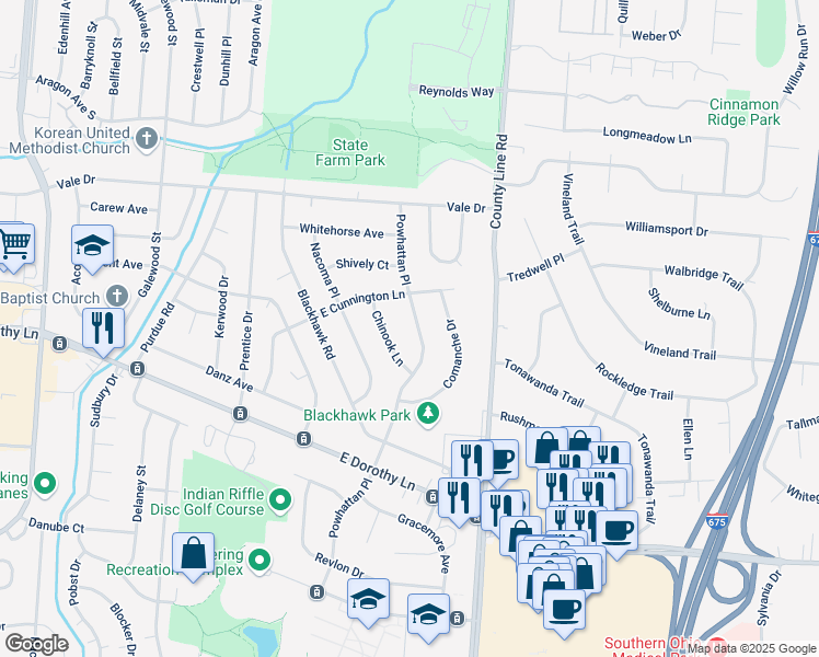 map of restaurants, bars, coffee shops, grocery stores, and more near 2944 East Cunnington Lane in Dayton