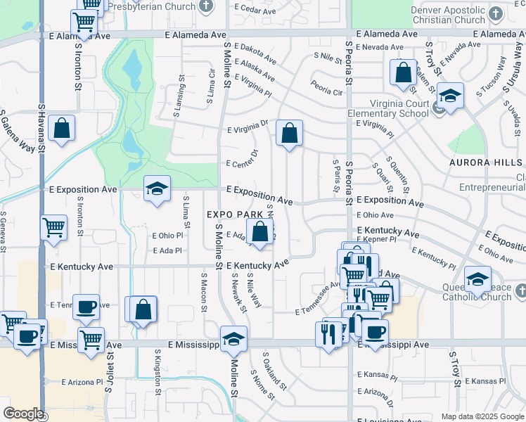 map of restaurants, bars, coffee shops, grocery stores, and more near 706 South Nile Way in Aurora