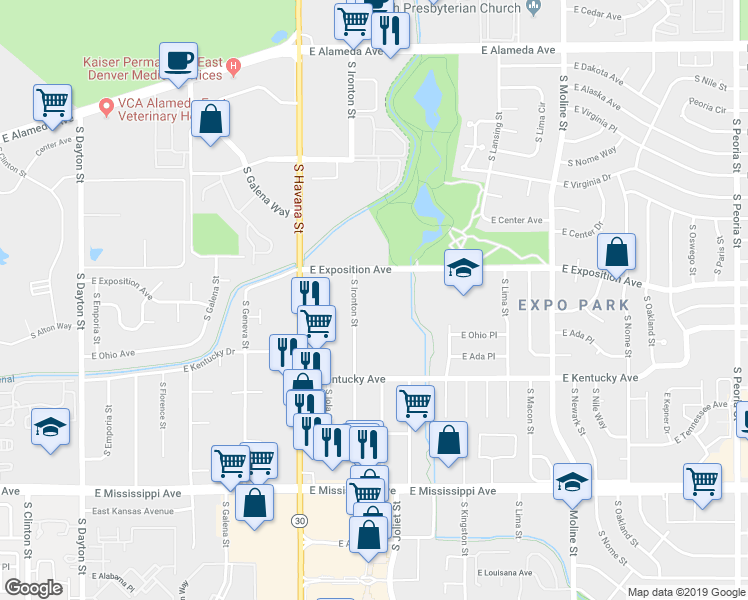 map of restaurants, bars, coffee shops, grocery stores, and more near 10702 South Ironton Street in Aurora