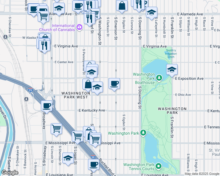 map of restaurants, bars, coffee shops, grocery stores, and more near 724 South Clarkson Street in Denver