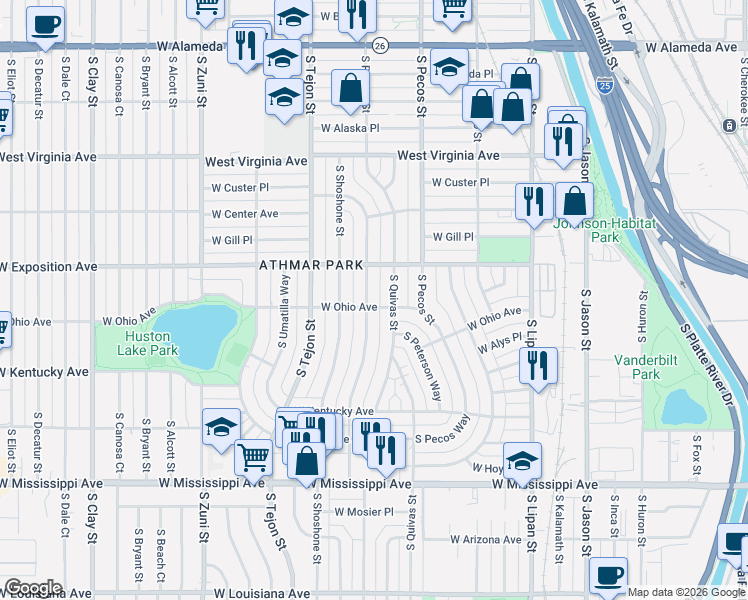 map of restaurants, bars, coffee shops, grocery stores, and more near 715 South Raritan Street in Denver