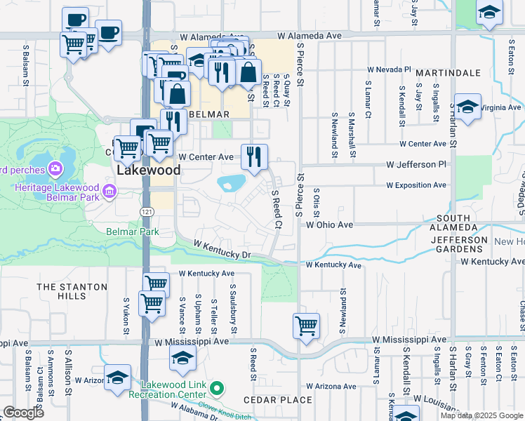 map of restaurants, bars, coffee shops, grocery stores, and more near 685 South Reed Court in Lakewood