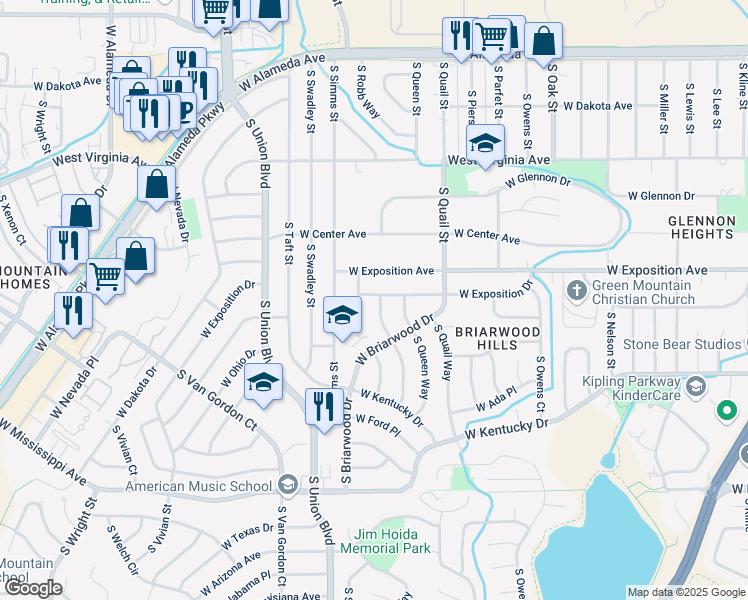 map of restaurants, bars, coffee shops, grocery stores, and more near 727 South Routt Way in Lakewood
