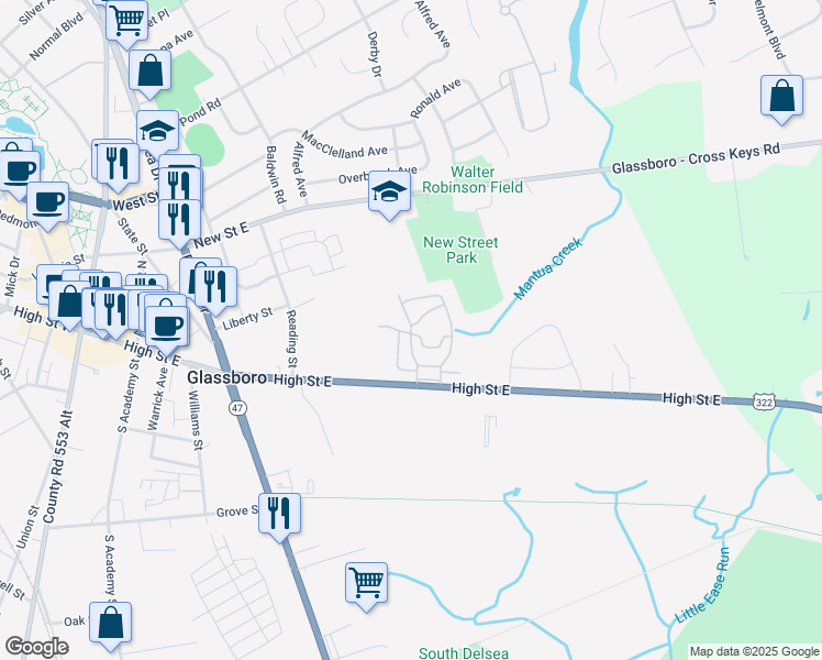map of restaurants, bars, coffee shops, grocery stores, and more near Park Crest Village in Glassboro