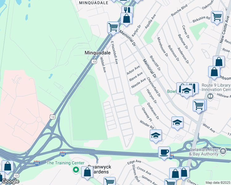 map of restaurants, bars, coffee shops, grocery stores, and more near 311 Minquadale Boulevard in New Castle