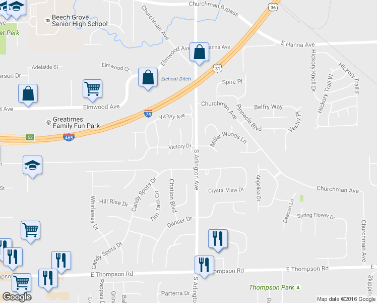 map of restaurants, bars, coffee shops, grocery stores, and more near 4410 Victory Boulevard in Indianapolis