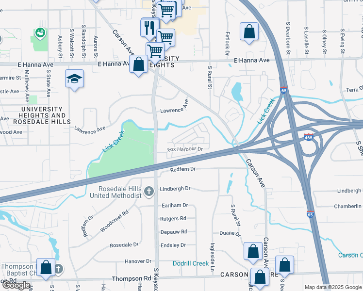 map of restaurants, bars, coffee shops, grocery stores, and more near 4401 South Keystone Avenue in Indianapolis