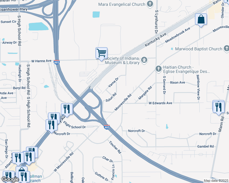 map of restaurants, bars, coffee shops, grocery stores, and more near 4200 Solun Road in Indianapolis