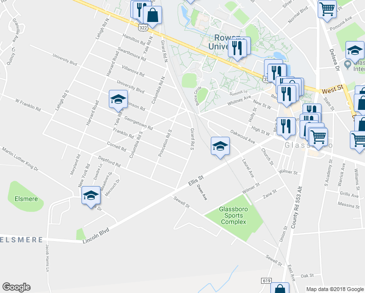 map of restaurants, bars, coffee shops, grocery stores, and more near 10 Georgetown Road in Glassboro