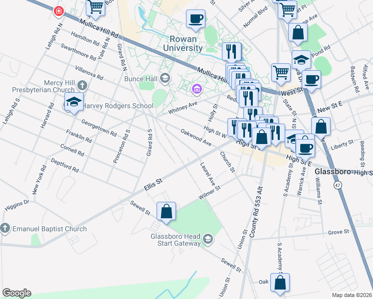 map of restaurants, bars, coffee shops, grocery stores, and more near 312 Oakwood Avenue in Glassboro