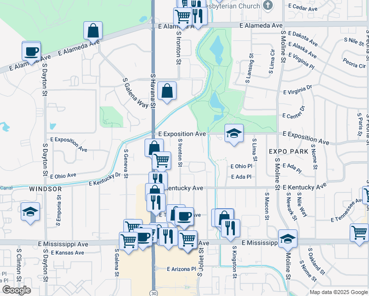 map of restaurants, bars, coffee shops, grocery stores, and more near 10722 East Exposition Avenue in Aurora