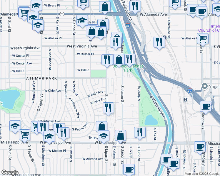 map of restaurants, bars, coffee shops, grocery stores, and more near 728 South Lipan Street in Denver