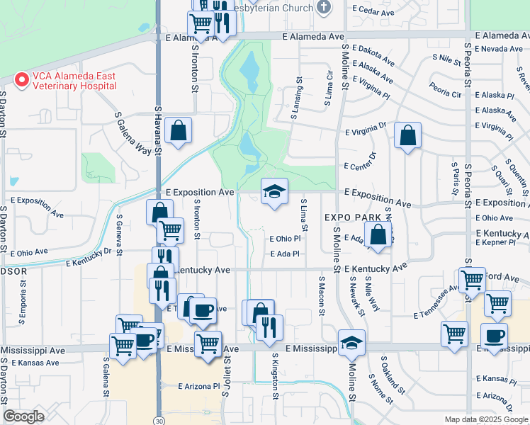 map of restaurants, bars, coffee shops, grocery stores, and more near 11000 East Exposition Avenue in Aurora