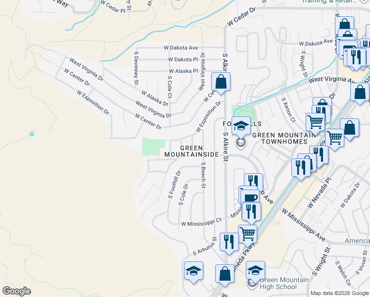 map of restaurants, bars, coffee shops, grocery stores, and more near 13548 West Exposition Drive in Lakewood