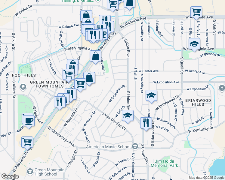 map of restaurants, bars, coffee shops, grocery stores, and more near 12142 West Dakota Drive in Lakewood