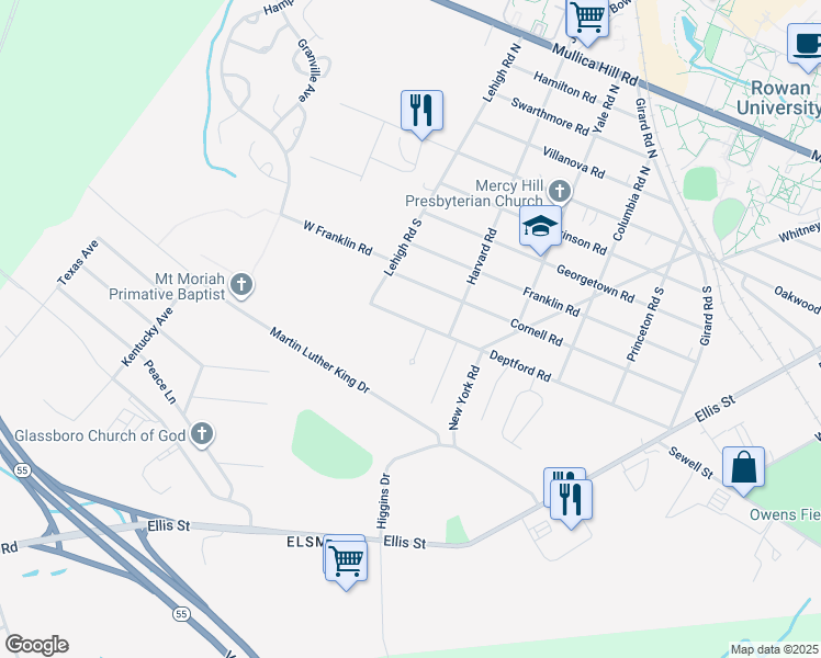 map of restaurants, bars, coffee shops, grocery stores, and more near 409 Deptford Road in Glassboro