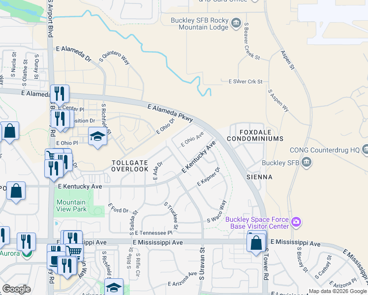 map of restaurants, bars, coffee shops, grocery stores, and more near 18006 East Ohio Avenue in Aurora