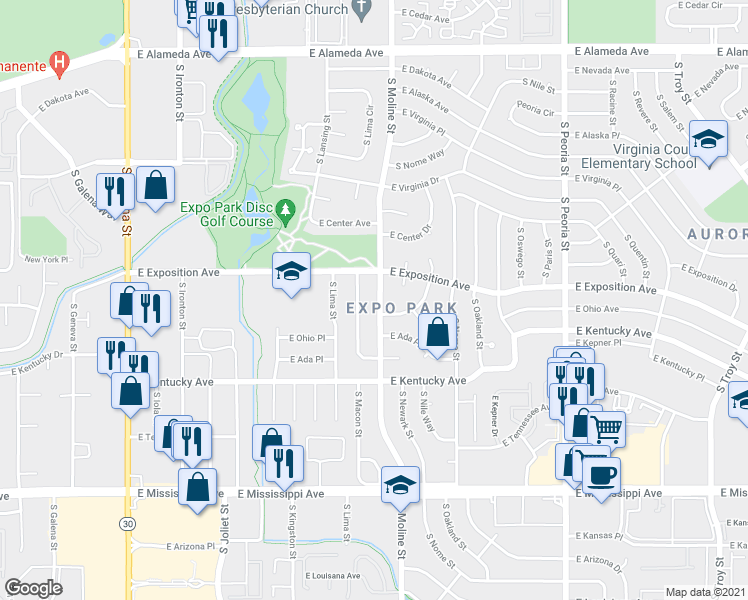 map of restaurants, bars, coffee shops, grocery stores, and more near 710 South Macon Way in Aurora