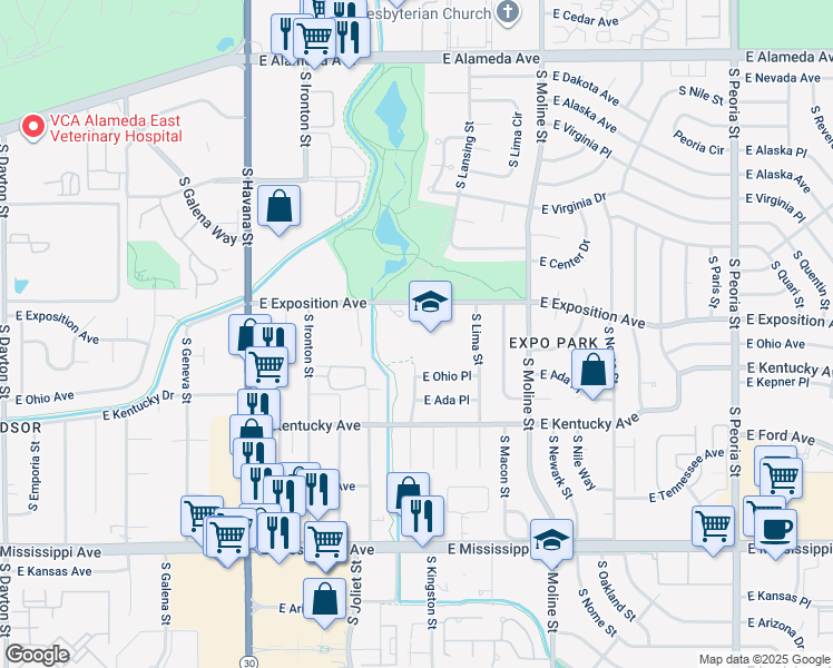 map of restaurants, bars, coffee shops, grocery stores, and more near 11000 East Exposition Avenue in Aurora