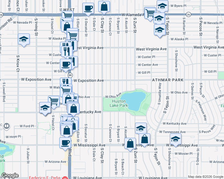 map of restaurants, bars, coffee shops, grocery stores, and more near 725 South Canosa Court in Denver