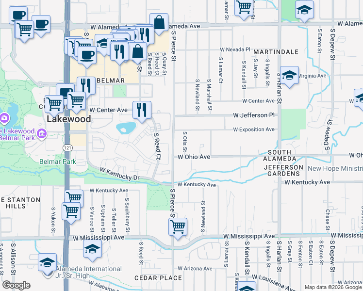 map of restaurants, bars, coffee shops, grocery stores, and more near 720 South Pierce Street in Lakewood