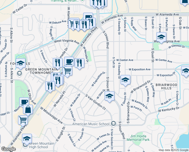 map of restaurants, bars, coffee shops, grocery stores, and more near 12142 West Dakota Drive in Lakewood