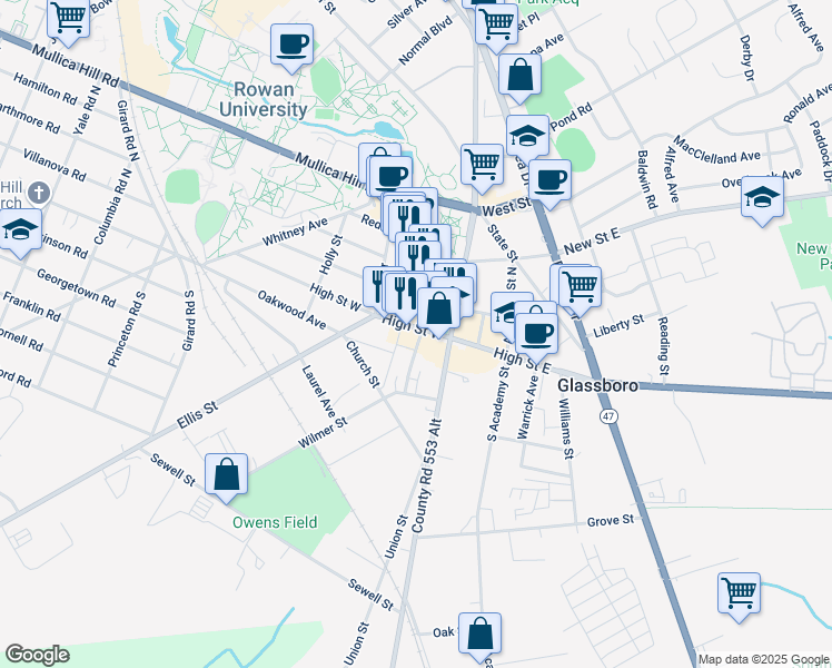 map of restaurants, bars, coffee shops, grocery stores, and more near 205 High Street West in Glassboro