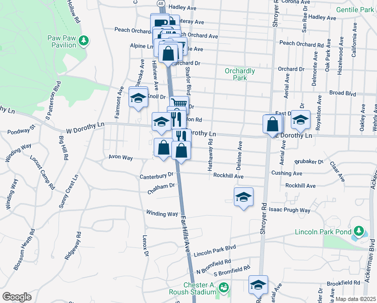 map of restaurants, bars, coffee shops, grocery stores, and more near 101 Lewiston Road in Dayton