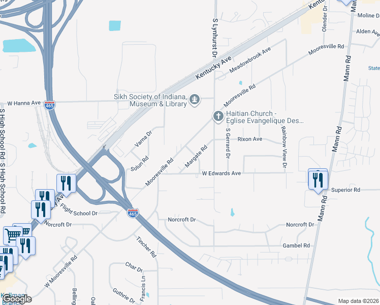 map of restaurants, bars, coffee shops, grocery stores, and more near 5404 Mooresville Road in Indianapolis