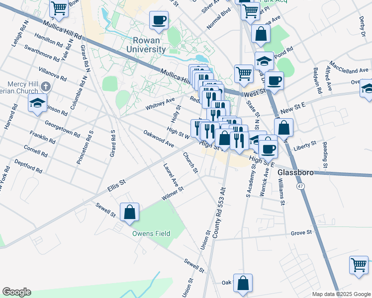 map of restaurants, bars, coffee shops, grocery stores, and more near 114 Ellis Street in Glassboro