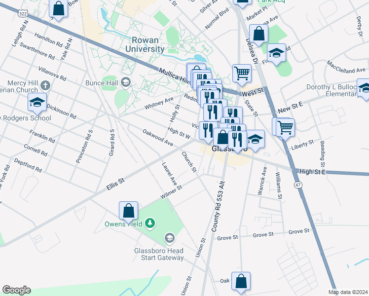 map of restaurants, bars, coffee shops, grocery stores, and more near 114 Ellis Street in Glassboro