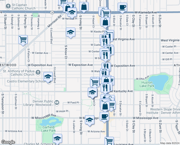 map of restaurants, bars, coffee shops, grocery stores, and more near 3195 West Walsh Place in Denver
