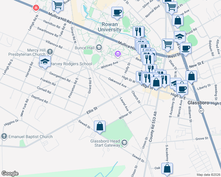 map of restaurants, bars, coffee shops, grocery stores, and more near 312 Oakwood Avenue in Glassboro