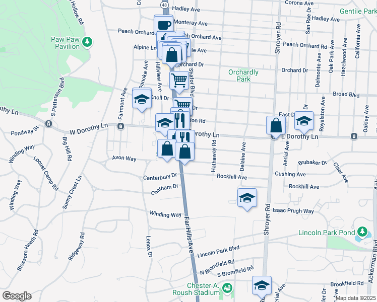 map of restaurants, bars, coffee shops, grocery stores, and more near 100 Lewiston Road in Dayton
