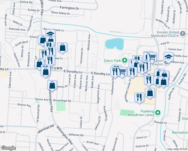 map of restaurants, bars, coffee shops, grocery stores, and more near 1750 East Dorothy Lane in Dayton