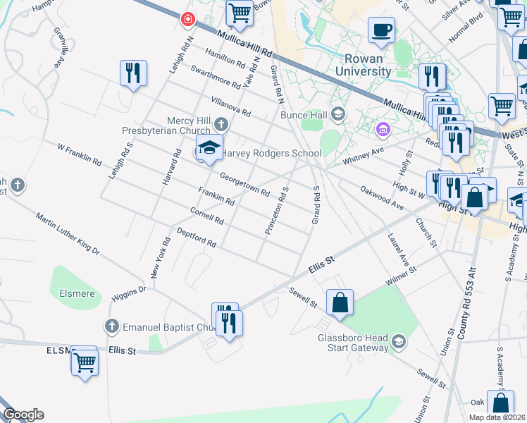 map of restaurants, bars, coffee shops, grocery stores, and more near 117 Franklin Road in Glassboro