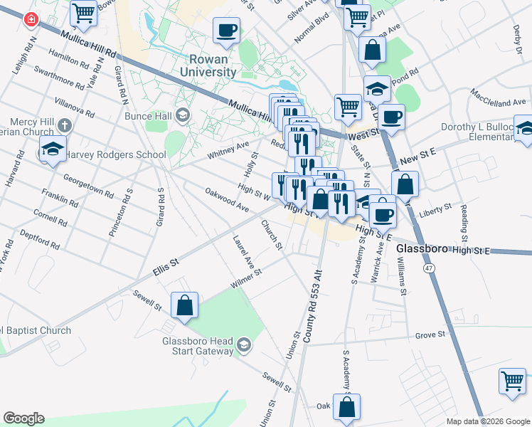 map of restaurants, bars, coffee shops, grocery stores, and more near 105 Ellis Street in Glassboro
