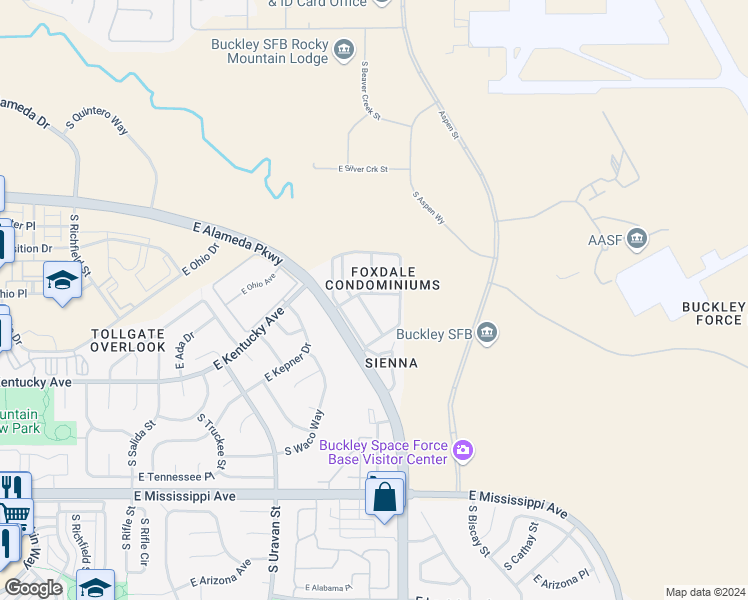map of restaurants, bars, coffee shops, grocery stores, and more near 18493 East Kepner Place in Aurora