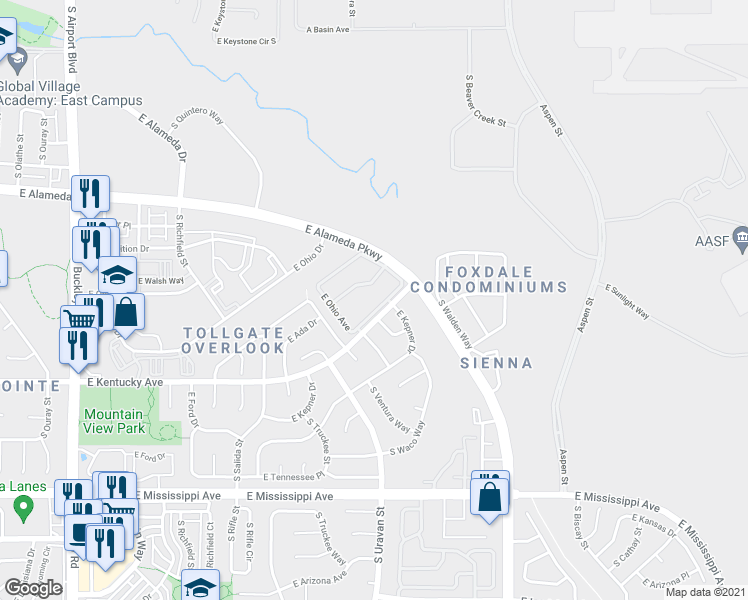 map of restaurants, bars, coffee shops, grocery stores, and more near 18106 East Ohio Avenue in Aurora