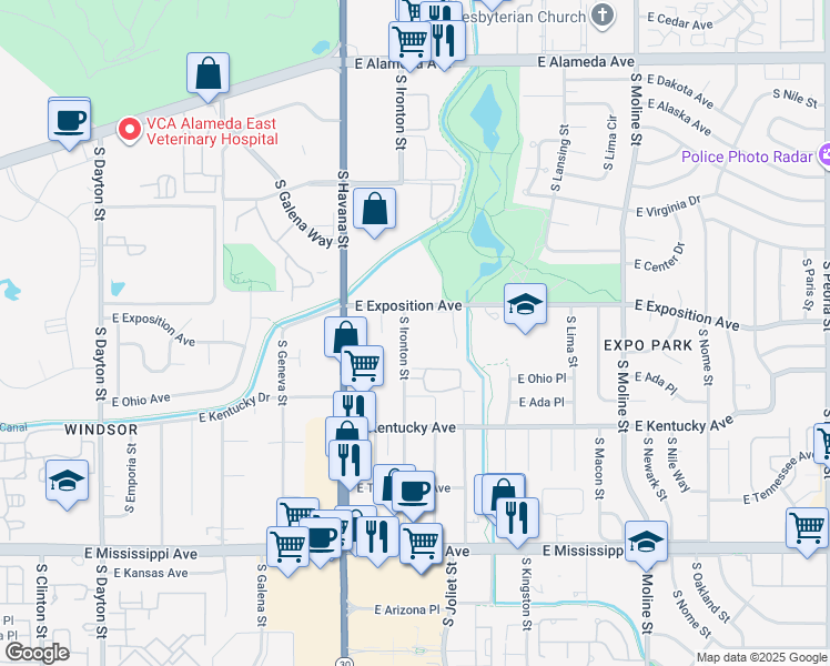 map of restaurants, bars, coffee shops, grocery stores, and more near 10702 South Ironton Street in Aurora