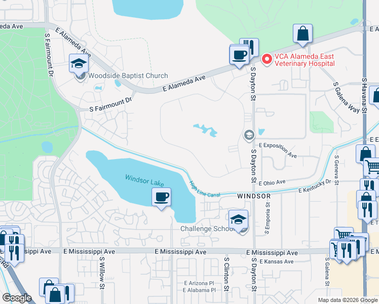 map of restaurants, bars, coffee shops, grocery stores, and more near 675 South Alton Way in Denver