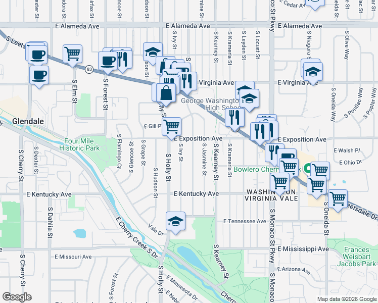 map of restaurants, bars, coffee shops, grocery stores, and more near 714 South Ivy Street in Denver