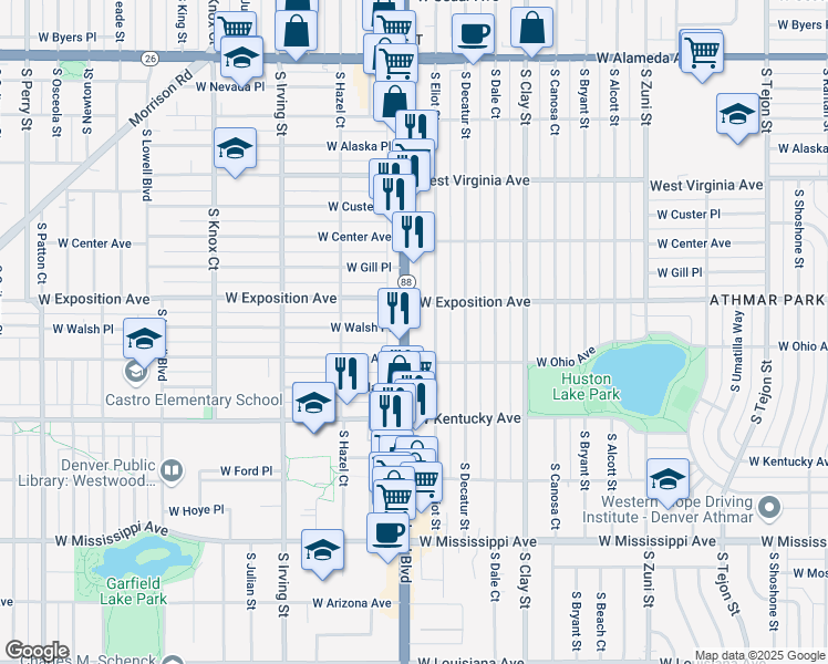 map of restaurants, bars, coffee shops, grocery stores, and more near 725 South Eliot Street in Denver