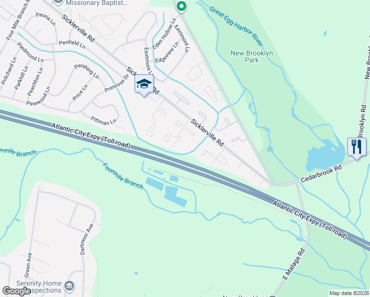 map of restaurants, bars, coffee shops, grocery stores, and more near 34 Melwood Court in Sicklerville