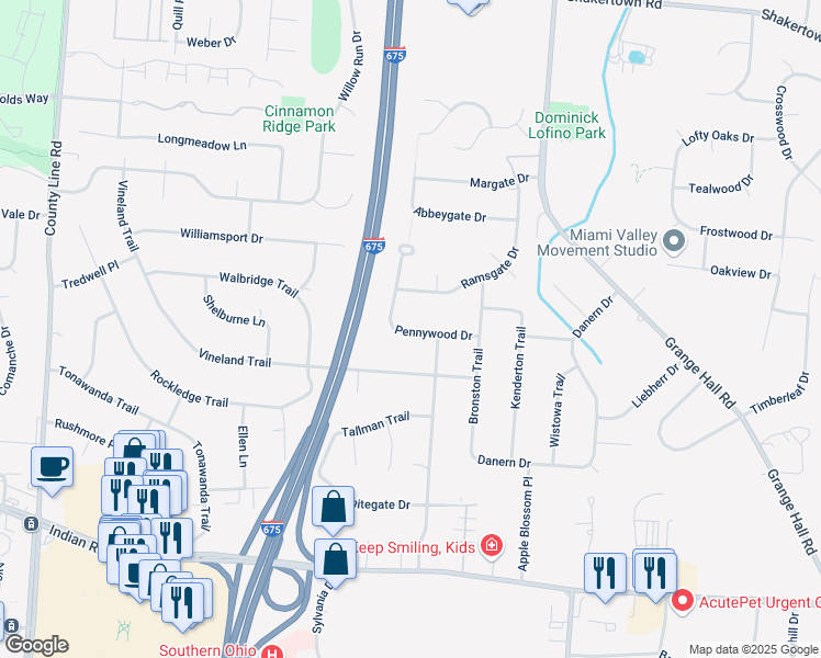 map of restaurants, bars, coffee shops, grocery stores, and more near 4172 Pennywood Drive in Beavercreek