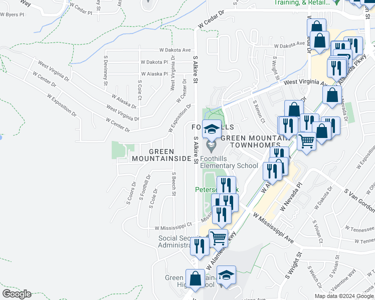 map of restaurants, bars, coffee shops, grocery stores, and more near 750 South Arbutus Street in Lakewood