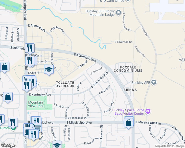 map of restaurants, bars, coffee shops, grocery stores, and more near 18053 East Ohio Avenue in Aurora