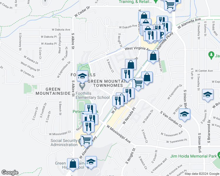 map of restaurants, bars, coffee shops, grocery stores, and more near 776 South Youngfield Court in Lakewood