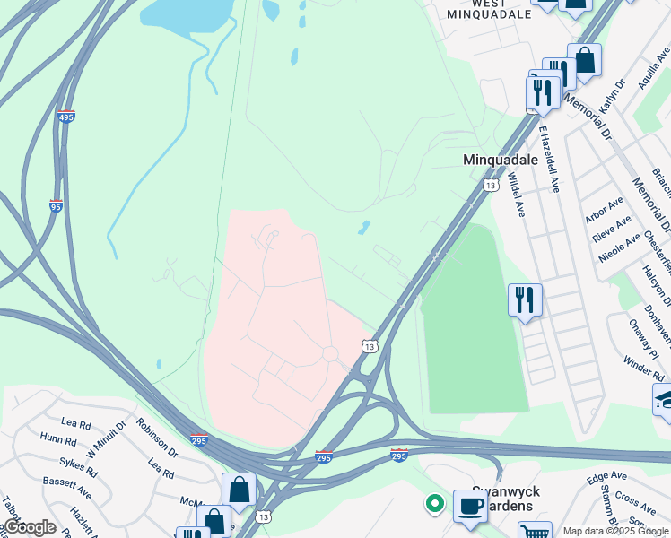 map of restaurants, bars, coffee shops, grocery stores, and more near 106 Lovelace Avenue in New Castle