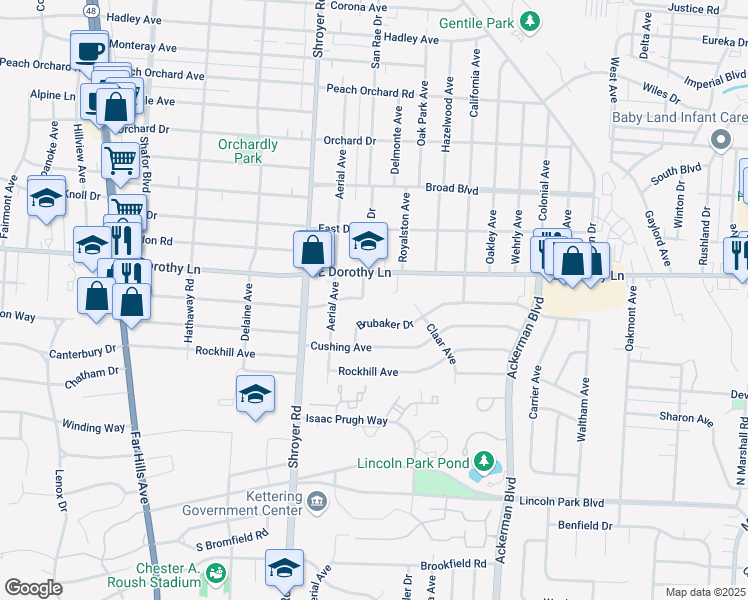 map of restaurants, bars, coffee shops, grocery stores, and more near 600 East Dorothy Lane in Dayton